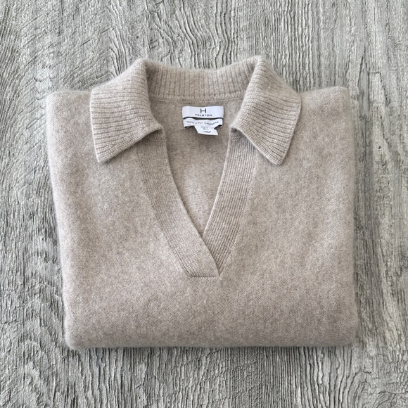 Halston Heritage V-Neck Cashmere Polo Sweater in Beige sz L - Picture 12 of 12